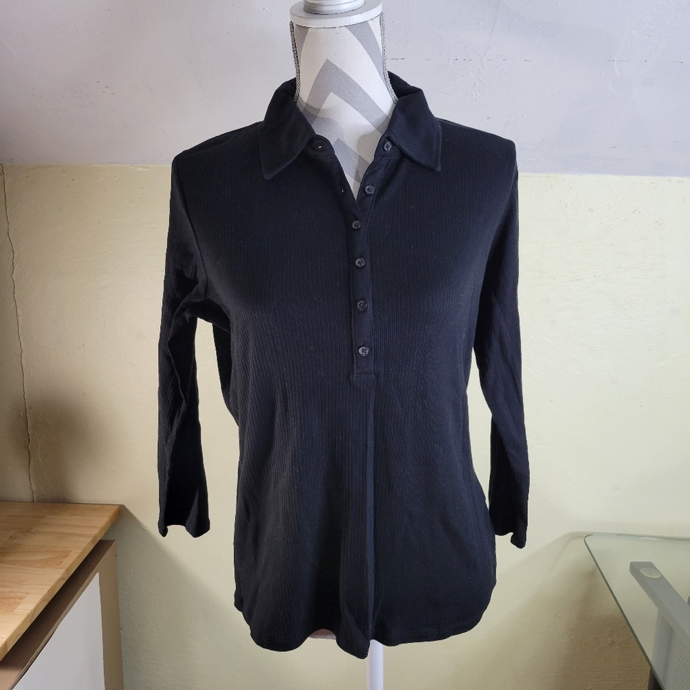 NWT Womans Liz Claiborne Lizwear Black Cotton Sweater Knit Polo Size Medium